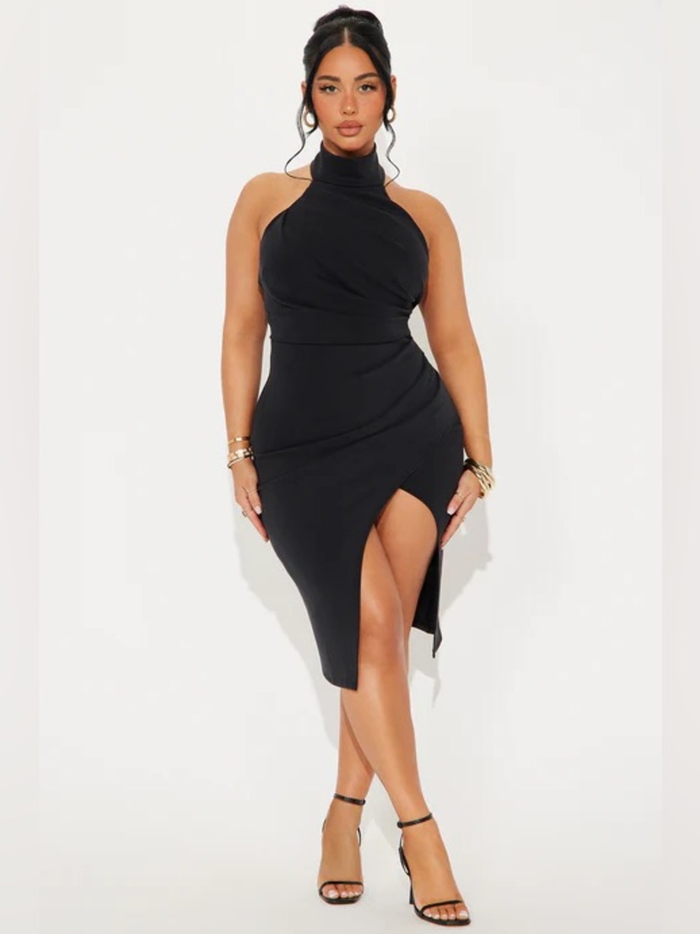 Black halter ruched midi dress